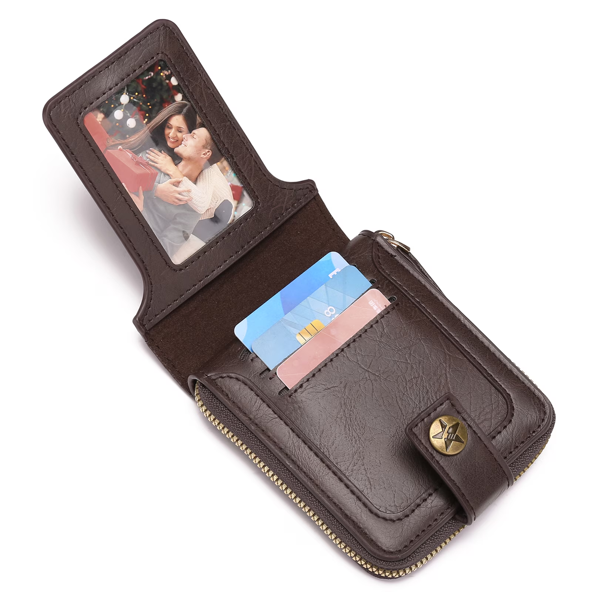 LOUEBICA Leather Men's Wallet with Zipper Vintage RFID Blocking Large Capacity Wallet for Men with 10 Credit Card Slots and 1 ID Window