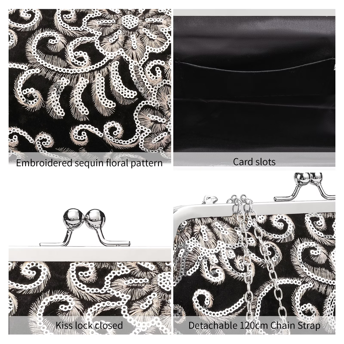 LOUEBICA Clutch Purse for Women Floral Embroidery Sequin Evening Bags Elegant Kiss Lock Wedding Party Cocktail