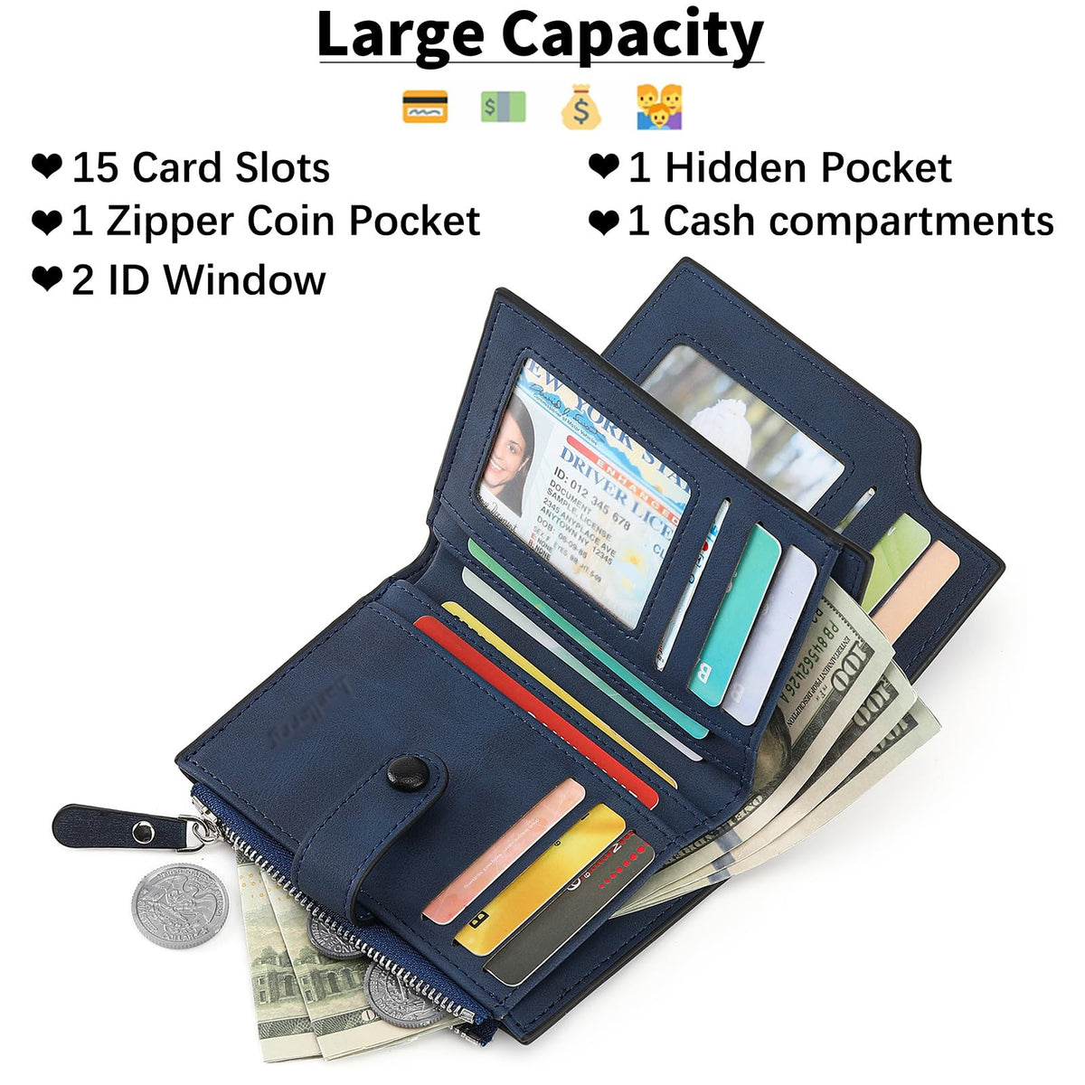 LOUEBICA Wallet for Men Large Capacity Leather RFID Blocking Trifold Wallet with 2 ID Windows and 15 Card Holders