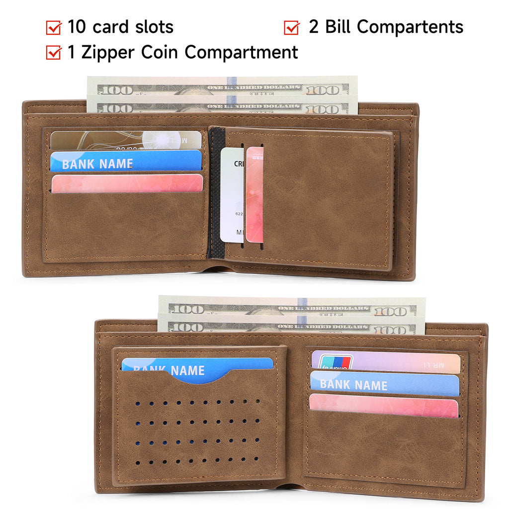 LOUEBICA Mens Wallet Leather RFID Blocking Large Capacity Trifold Wallet for Men with 10 Card Holders