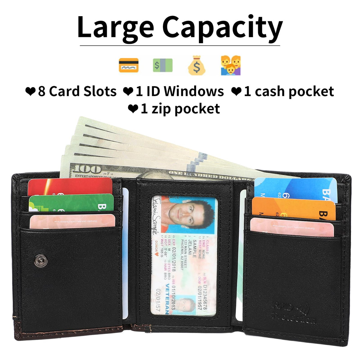 LOUEBICA Men's Genuine Leather Wallet Trifold Wallet RFID Blocking Minimalist Wallets for Men with ID Window