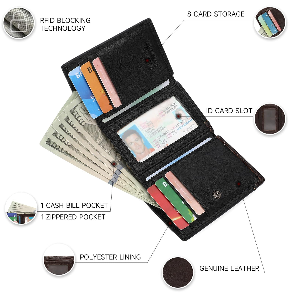 LOUEBICA Men's Genuine Leather Wallet Trifold Wallet RFID Blocking Minimalist Wallets for Men with ID Window