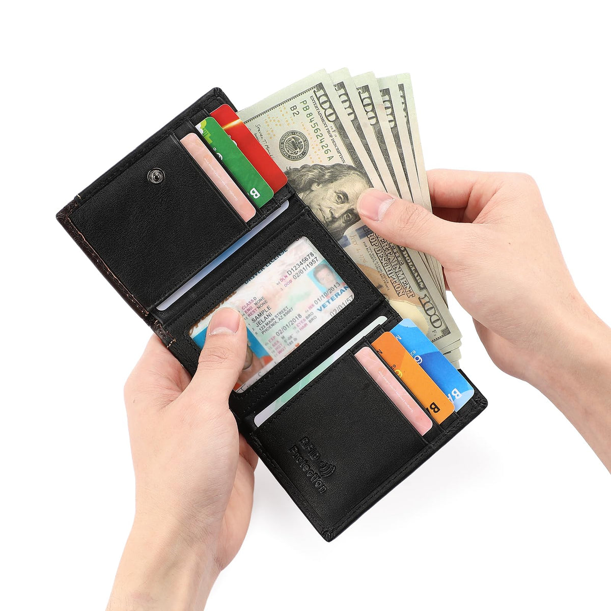 LOUEBICA Men's Genuine Leather Wallet Trifold Wallet RFID Blocking Minimalist Wallets for Men with ID Window