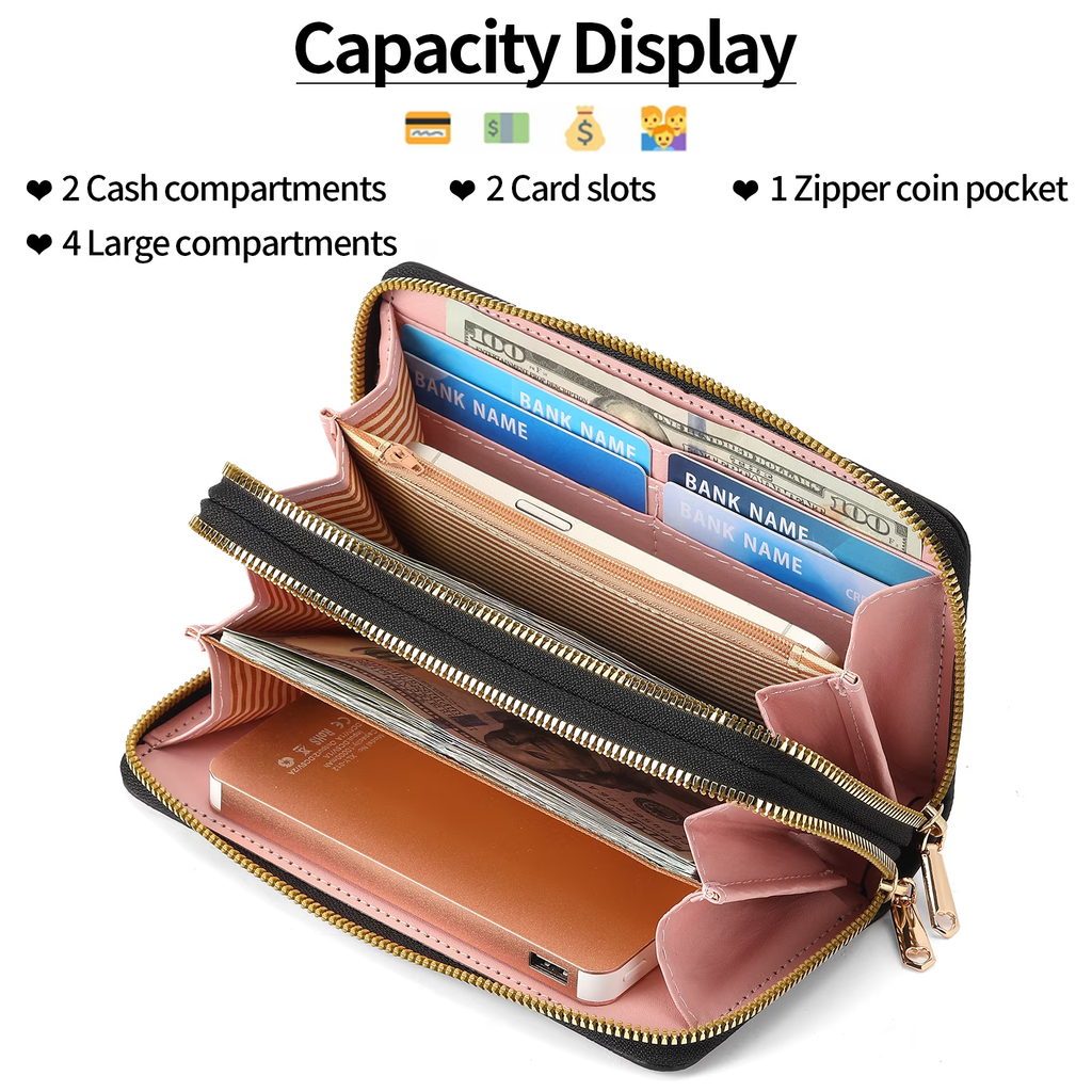 LOUEBICA Wallet for Women Clutch Double Zip Around Credit Card Holder Leather Women's Wallet Large Capacity