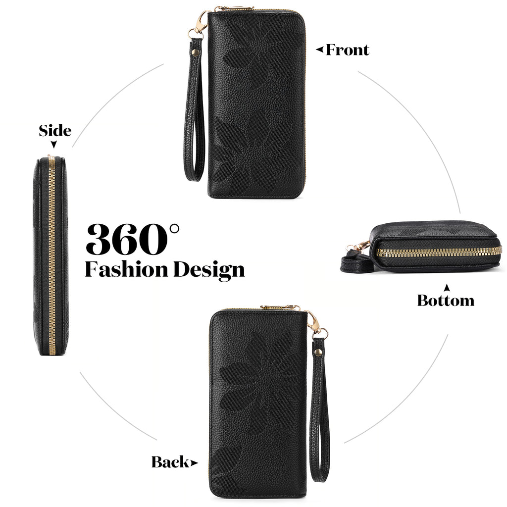 LOUEBICA Wallet Women Leather RFID Blocking Wristlet wallets Ladies Clutch with Floral Pattern for Phone and Card