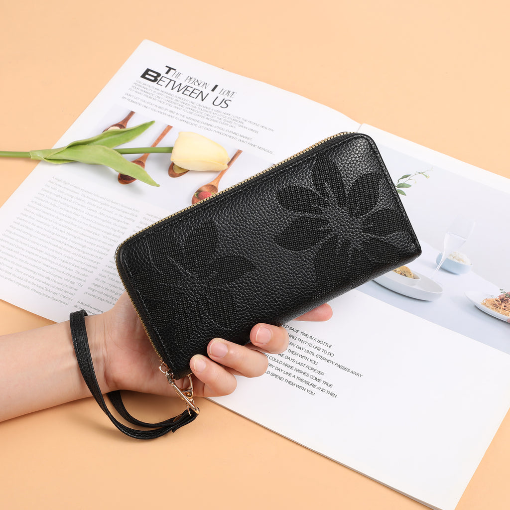 LOUEBICA Wallet Women Leather RFID Blocking Wristlet wallets Ladies Clutch with Floral Pattern for Phone and Card