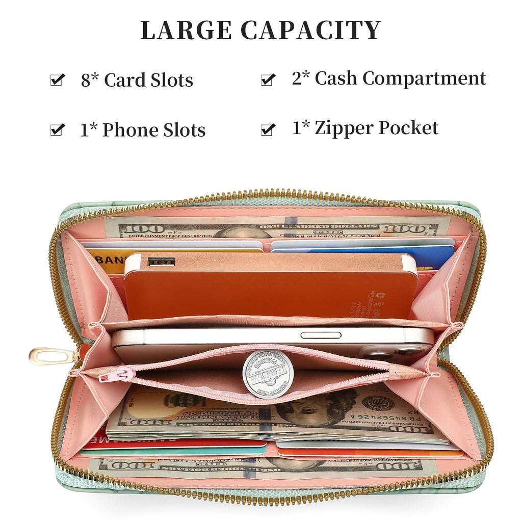 LOUEBICA Wallet Women Clutch Leather Wristlet Wallet Fashion Embossed RFID Blocking Credit Card Holder with Strap