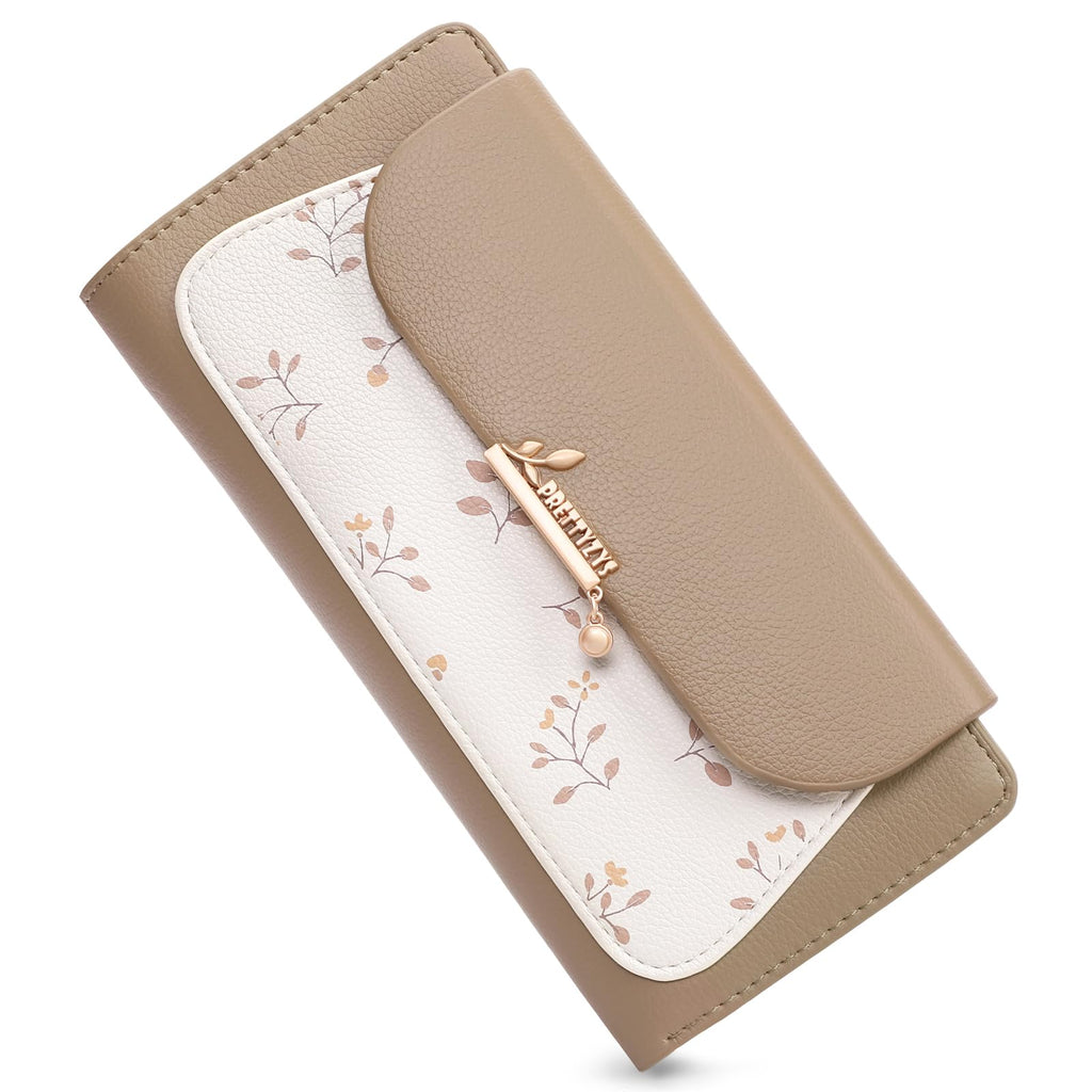 LOUEBICA Womens Wallet Vegan Leather Long Ladies Wallets RFID Blocking Bifold Card Holder with Floral Pattern Zipper Pocket