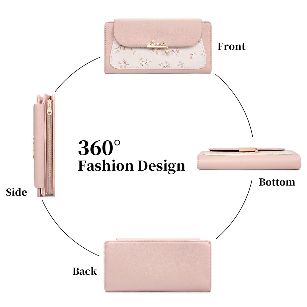 LOUEBICA Womens Wallet Vegan Leather Long Ladies Wallets RFID Blocking Bifold Card Holder with Floral Pattern Zipper Pocket