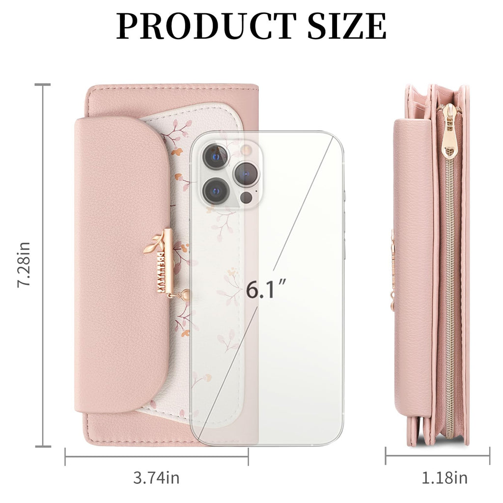 LOUEBICA Womens Wallet Vegan Leather Long Ladies Wallets RFID Blocking Bifold Card Holder with Floral Pattern Zipper Pocket