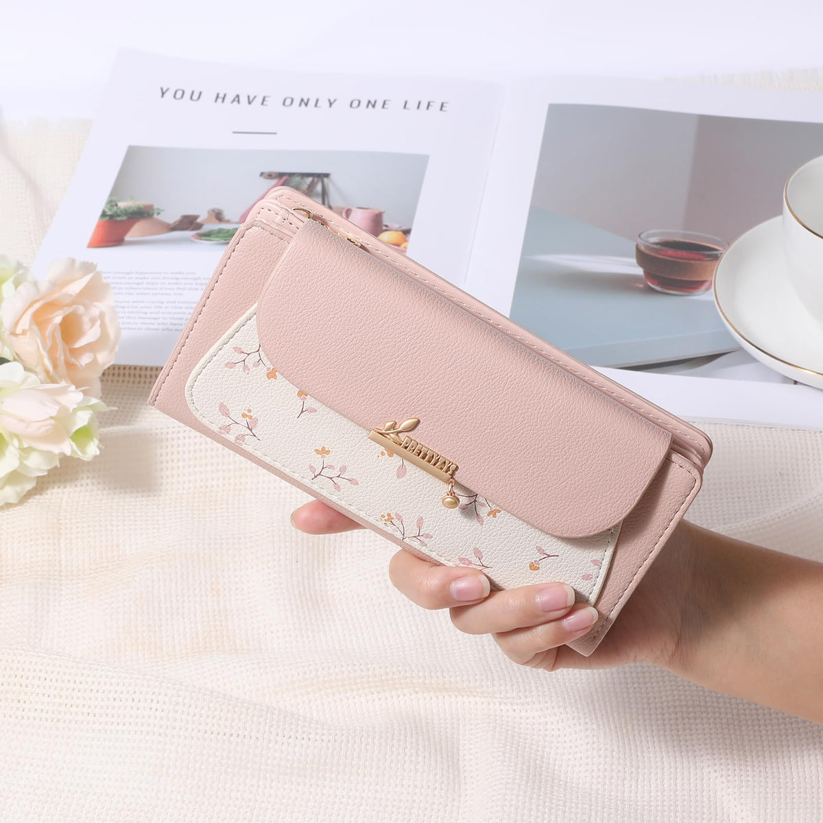 LOUEBICA Womens Wallet Vegan Leather Long Ladies Wallets RFID Blocking Bifold Card Holder with Floral Pattern Zipper Pocket