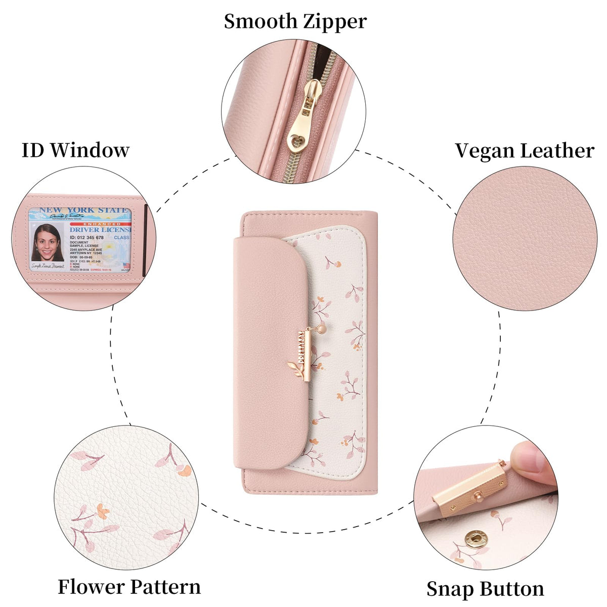 LOUEBICA Womens Wallet Vegan Leather Long Ladies Wallets RFID Blocking Bifold Card Holder with Floral Pattern Zipper Pocket