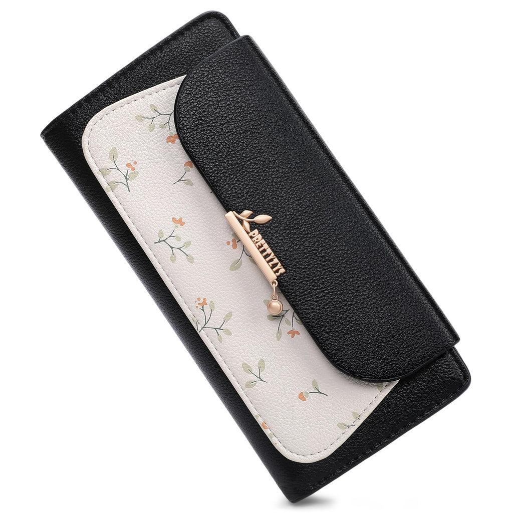 LOUEBICA Womens Wallet Vegan Leather Long Ladies Wallets RFID Blocking Bifold Card Holder with Floral Pattern Zipper Pocket