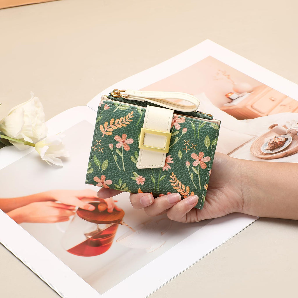 LOUEBICA Small Wallets for Women Bifold Vegan Leather Wallet RFID Blocking Floral Pattern Card Holder with Zipper Pocket