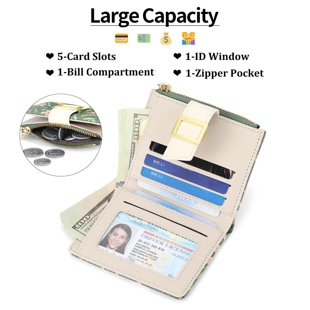 LOUEBICA Small Wallets for Women Bifold Vegan Leather Wallet RFID Blocking Floral Pattern Card Holder with Zipper Pocket
