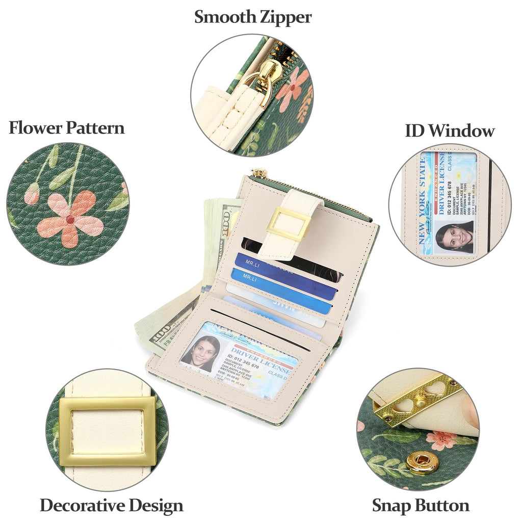 LOUEBICA Small Wallets for Women Bifold Vegan Leather Wallet RFID Blocking Floral Pattern Card Holder with Zipper Pocket