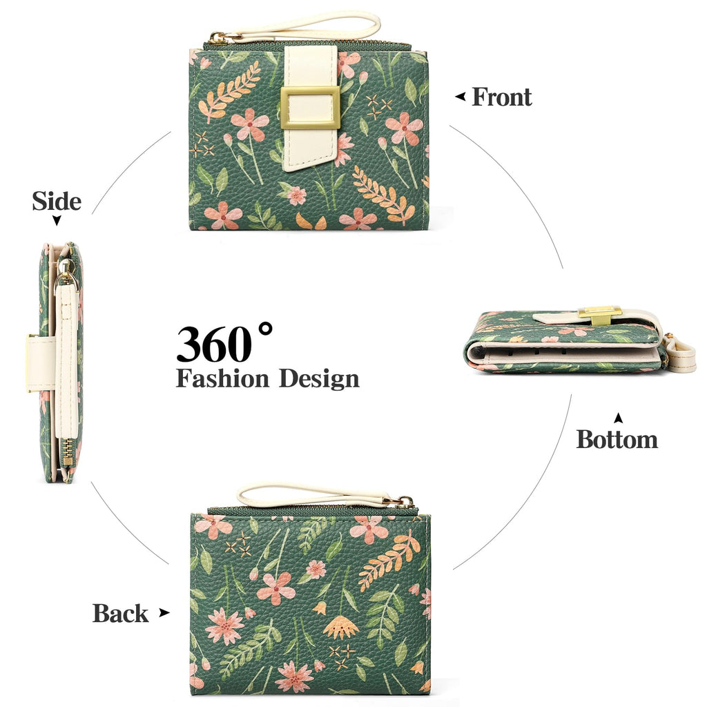 LOUEBICA Small Wallets for Women Bifold Vegan Leather Wallet RFID Blocking Floral Pattern Card Holder with Zipper Pocket