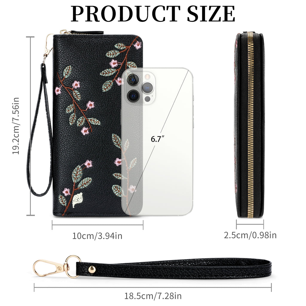 LOUEBICA Wallet Women Clutch Leather Wristlet Wallet Fashion Embossed RFID Blocking Credit Card Holder with Strap