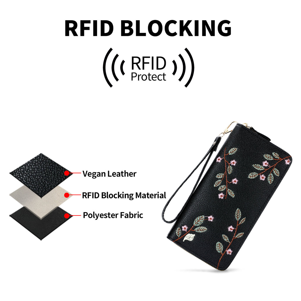 LOUEBICA Wallet Women Clutch Leather Wristlet Wallet Fashion Embossed RFID Blocking Credit Card Holder with Strap