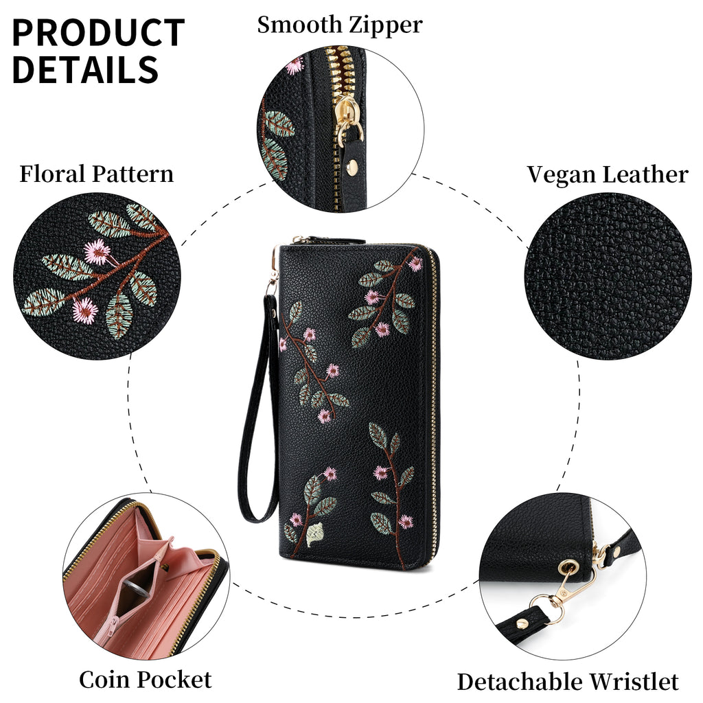 LOUEBICA Wallet Women Clutch Leather Wristlet Wallet Fashion Embossed RFID Blocking Credit Card Holder with Strap
