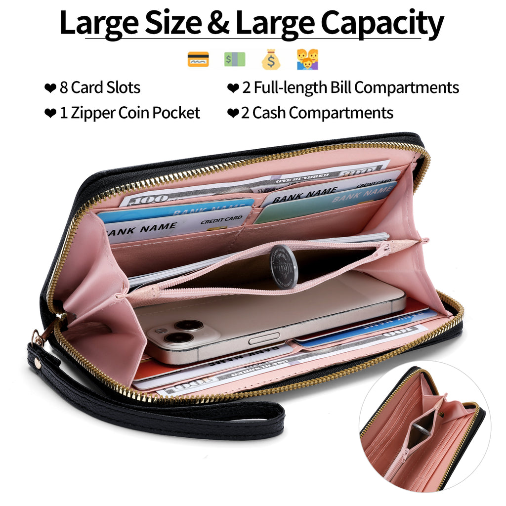 LOUEBICA Wallet Women Clutch Leather Wristlet Wallet Fashion Embossed RFID Blocking Credit Card Holder with Strap