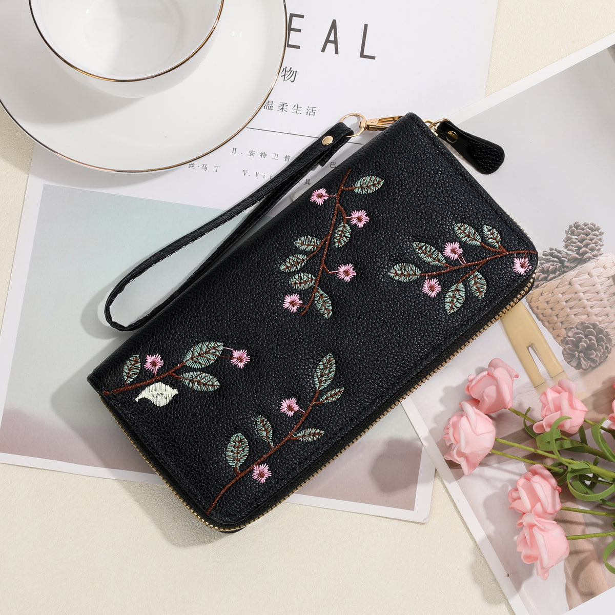 LOUEBICA Wallet Women Clutch Leather Wristlet Wallet Fashion Embossed RFID Blocking Credit Card Holder with Strap