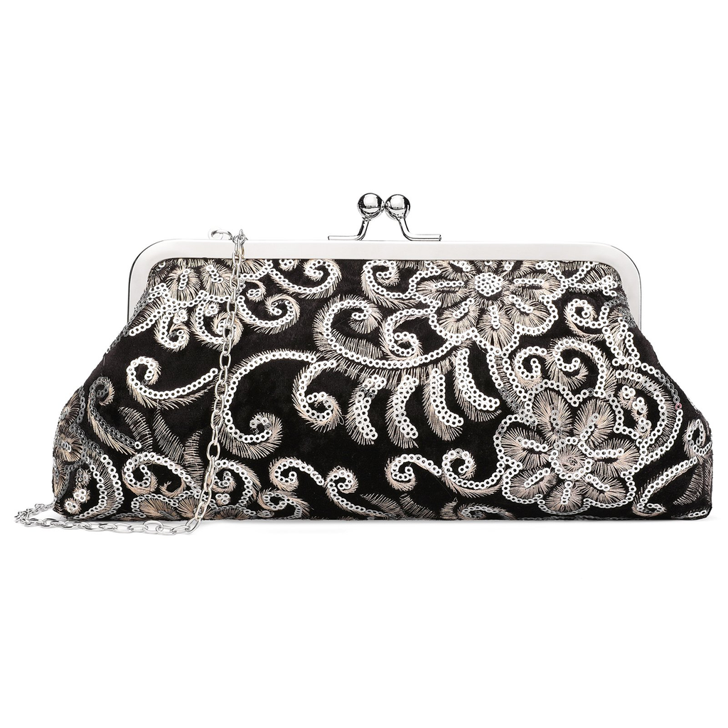 LOUEBICA Clutch Purse for Women Floral Embroidery Sequin Evening Bags Elegant Kiss Lock Wedding Party Cocktail