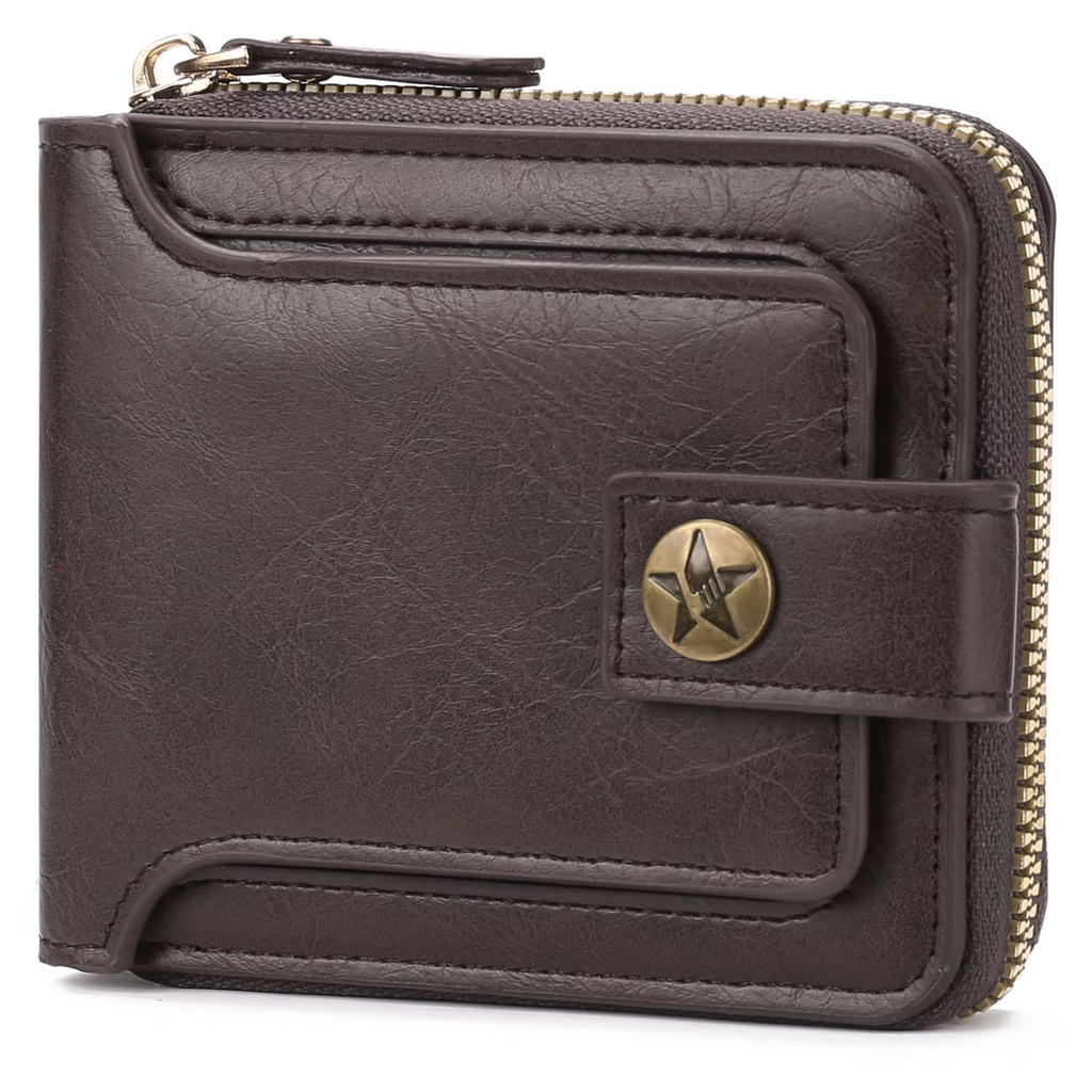 LOUEBICA Leather Men's Wallet with Zipper Vintage RFID Blocking Large Capacity Wallet for Men with 10 Credit Card Slots and 1 ID Window