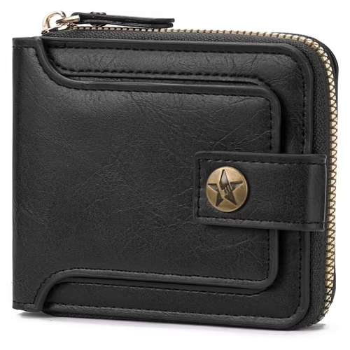LOUEBICA Leather Men's Wallet with Zipper Vintage RFID Blocking Large Capacity Wallet for Men with 10 Credit Card Slots and 1 ID Window