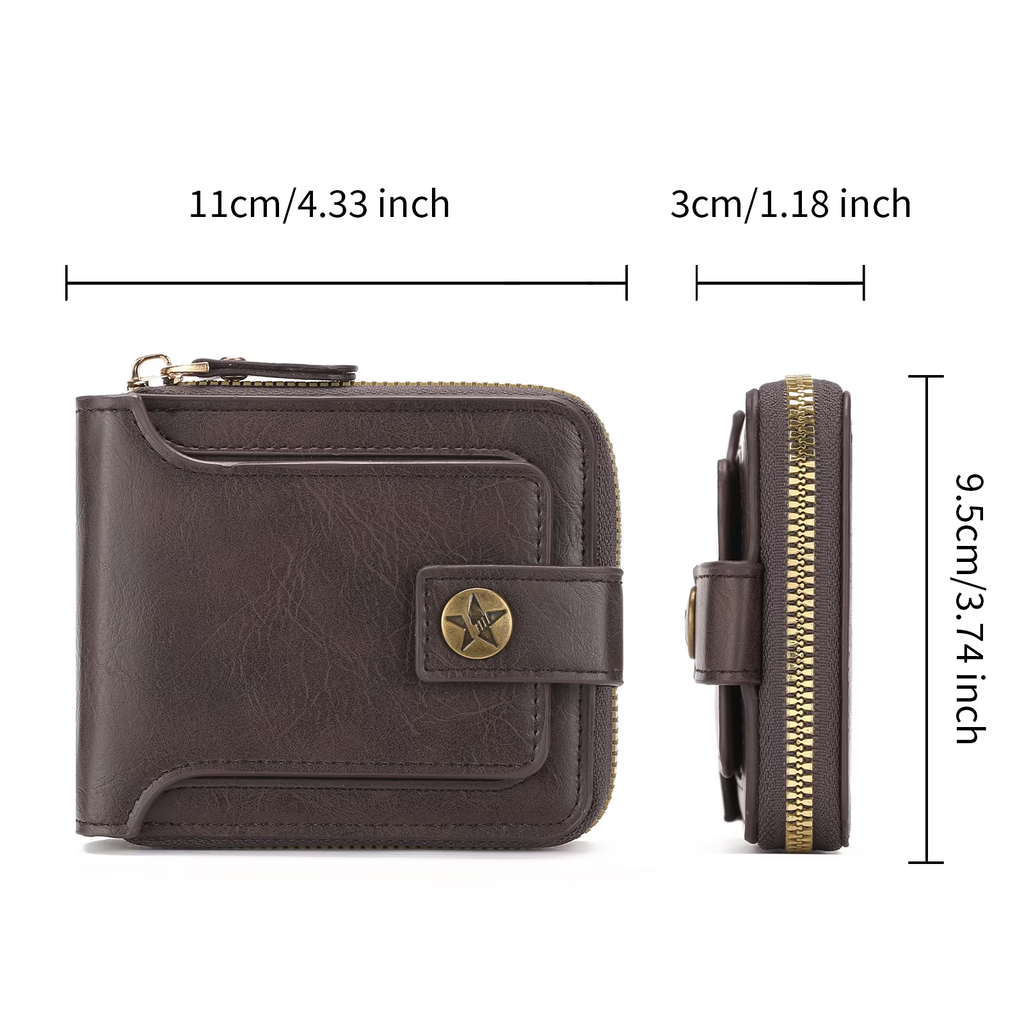 LOUEBICA Leather Men's Wallet with Zipper Vintage RFID Blocking Large Capacity Wallet for Men with 10 Credit Card Slots and 1 ID Window