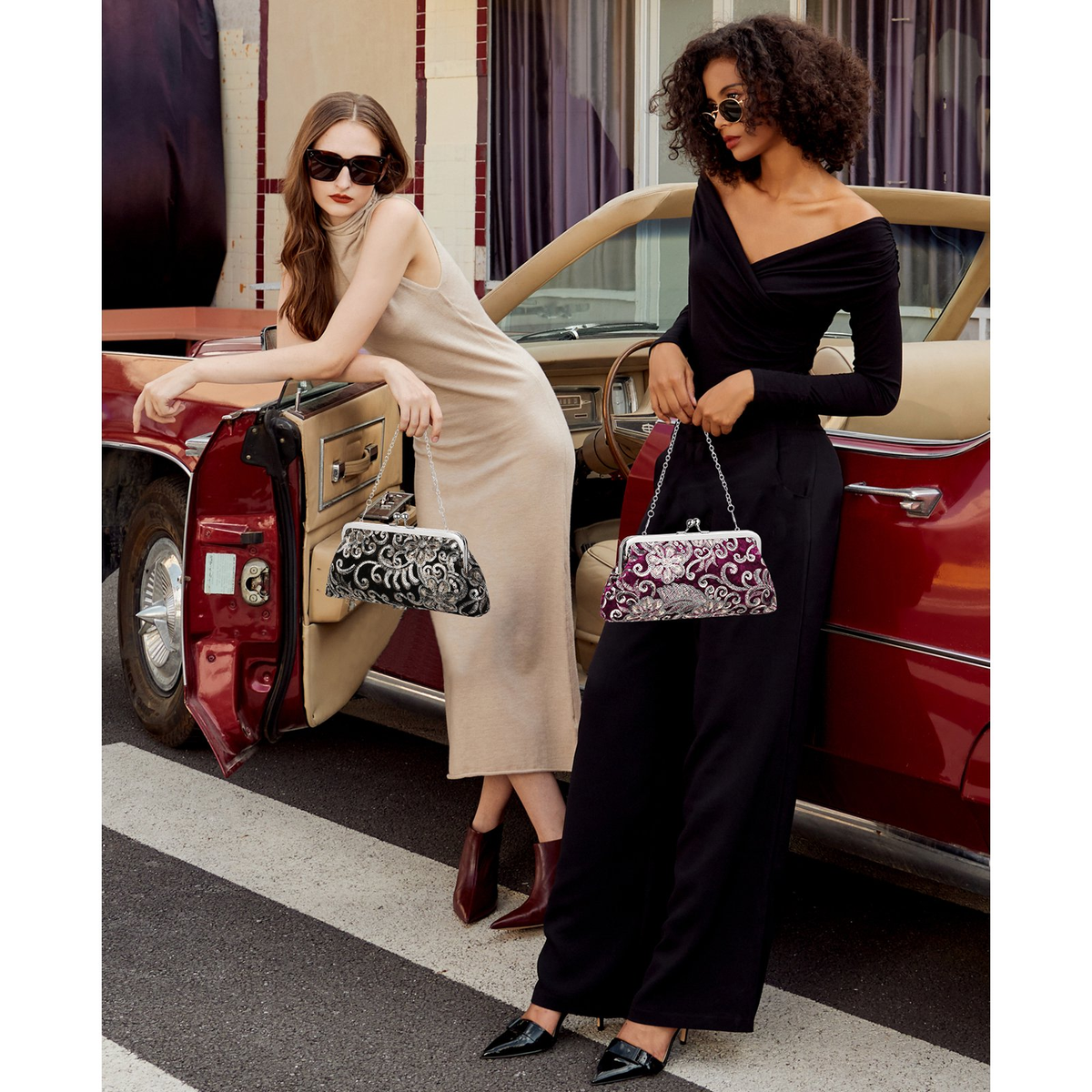 LOUEBICA Clutch Purse for Women Floral Embroidery Sequin Evening Bags Elegant Kiss Lock Wedding Party Cocktail