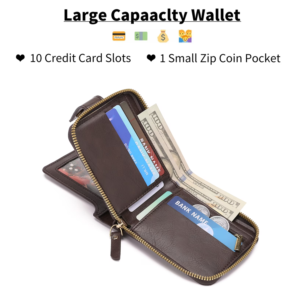 LOUEBICA Leather Men's Wallet with Zipper Vintage RFID Blocking Large Capacity Wallet for Men with 10 Credit Card Slots and 1 ID Window