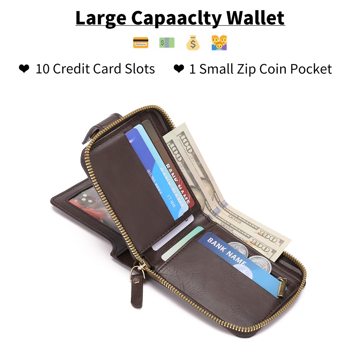 LOUEBICA Leather Men's Wallet with Zipper Vintage RFID Blocking Large Capacity Wallet for Men with 10 Credit Card Slots and 1 ID Window