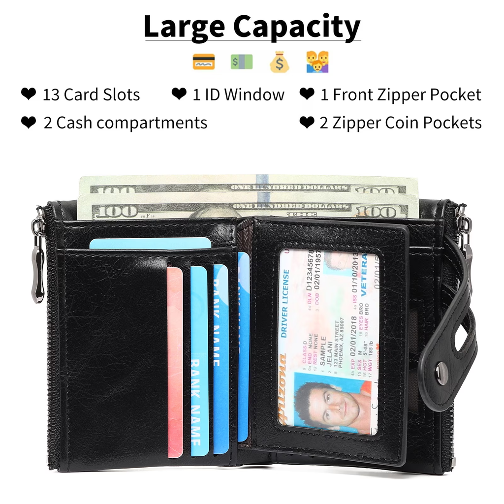 LOUEBICA Wallet for Men Large Capacity RFID Blocking Leather Bifold Wallet with Double Zipper Pockets and Front Zipper Pocket