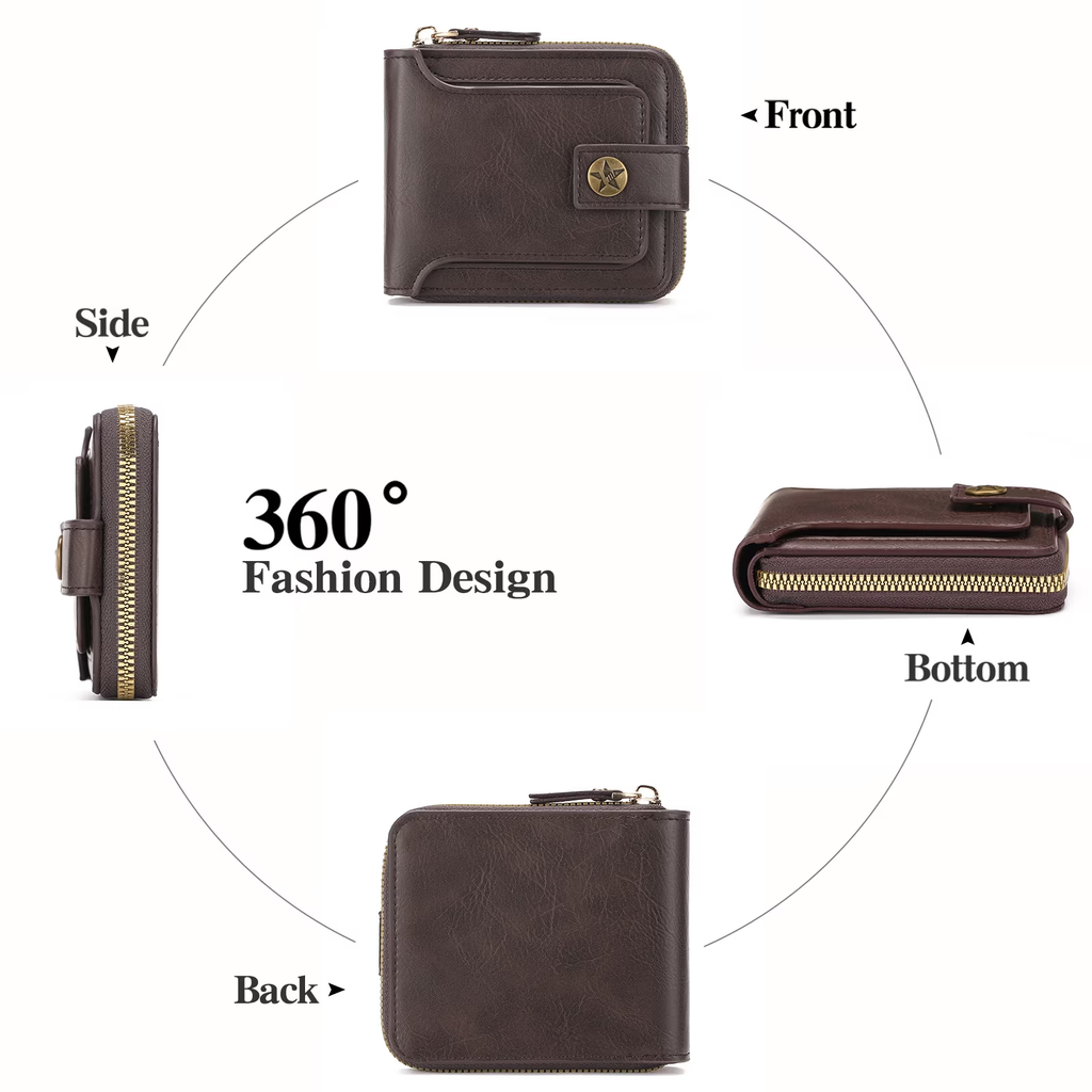 LOUEBICA Leather Men's Wallet with Zipper Vintage RFID Blocking Large Capacity Wallet for Men with 10 Credit Card Slots and 1 ID Window
