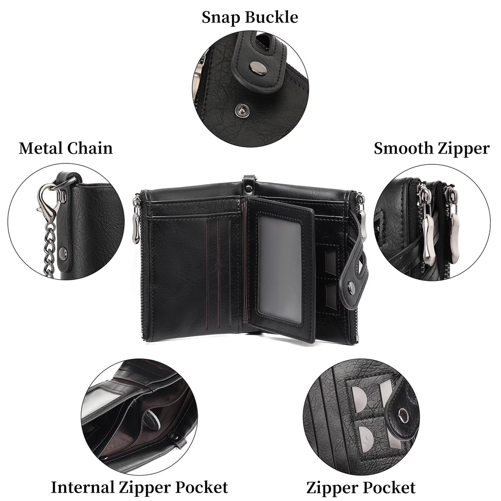 LOUEBICA Wallet for Men Large Capacity RFID Blocking Leather Bifold Wallet with Double Zipper Pockets and Front Zipper Pocket