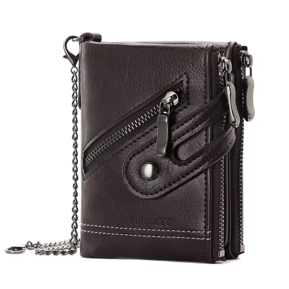 LOUEBICA Wallet for Men Large Capacity RFID Blocking Leather Bifold Wallet with Double Zipper Pockets and Front Zipper Pocket